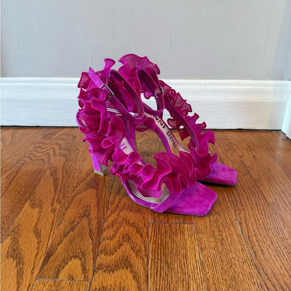Gianni Bini Women's Franz Suede Chiffon Pink Ruffle Heel Sandals